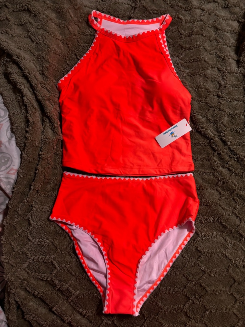 High-Neck Two-Piece Swim Set - neon orange.  Size small women. Or kids 12/14